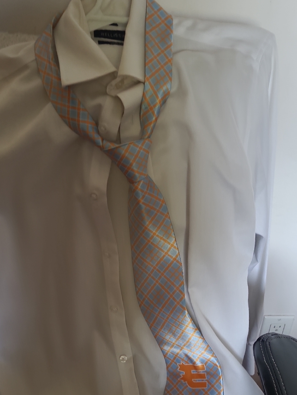 Wendy Bellissimo Boys White Button-Down with Blue and Orange Plaid Tie